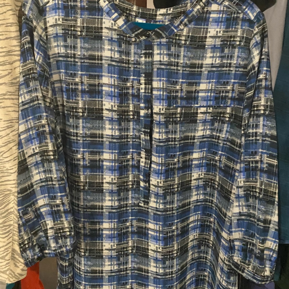 NYDJ Blue and Black Checkered Blouse